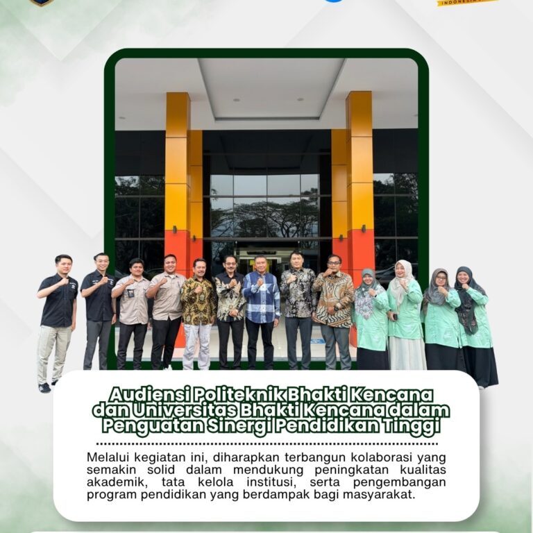 Politeknik Bhakti Kencana melaksanakan kegiatan audiensi bersama Universitas Bhakti Kencana sebagai upaya memperkuat sinergi, komunikasi, dan kerja sama dalam pengembangan pendidikan tinggi yang unggul, profesional, dan humanis.
